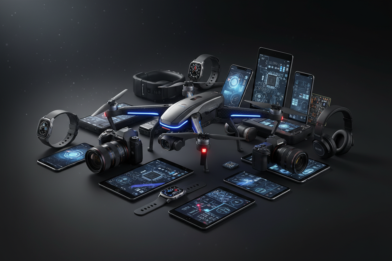 Dark Background of various gadgets and electronics emphasizing drones